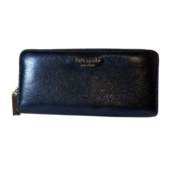 Kate Spade New York Handbags - Kate Spade NY Metallic Night Navy Blue Leather Zip Around Continental Wallet